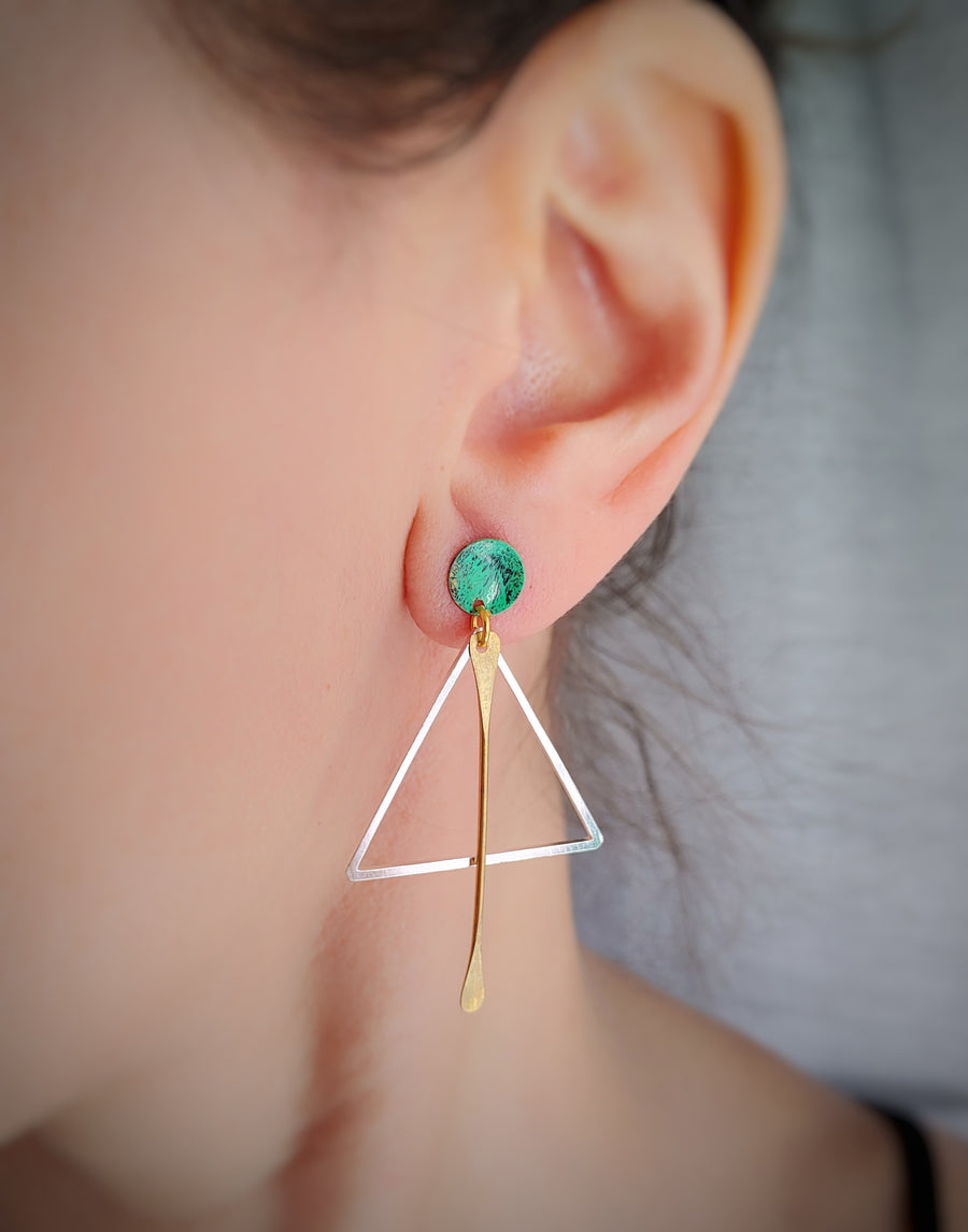 Green silver triangle earrings