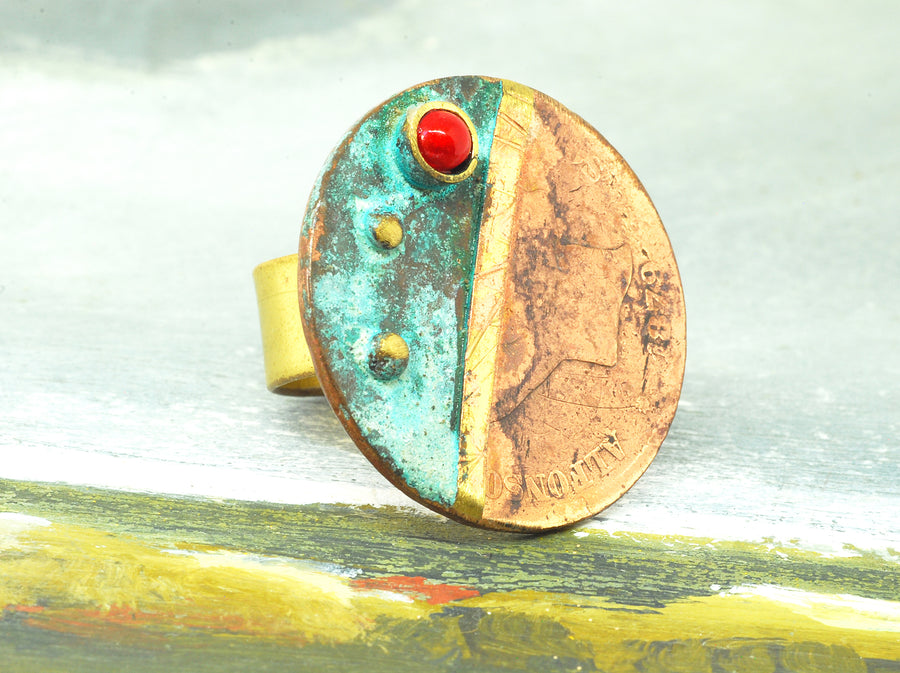 red oxidized coin ring
