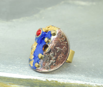 red blue coin ring